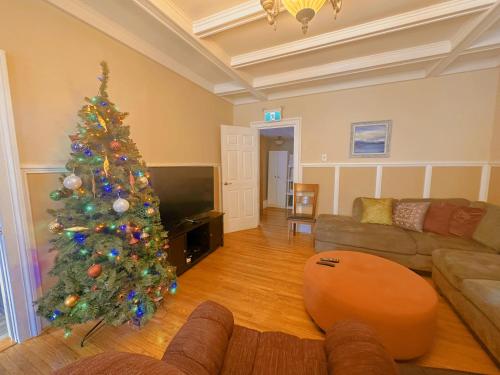 a living room with a christmas tree in it at ROOM A IN THE WHITE HOUSE in Niagara Falls