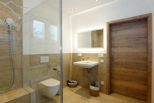 y baño con aseo, lavabo y ducha. en Ferienhof Oberhuber, en Staudach-Egerndach