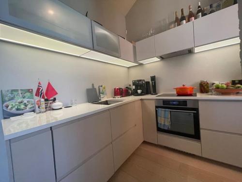 eine große Küche mit weißen Schränken und Geräten in der Unterkunft Exclusive, cosy, elegant Frogner apartment in the center of Oslo in Oslo