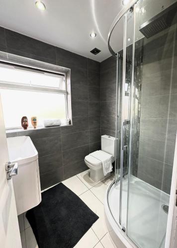 een badkamer met een douche, een toilet en een wastafel bij Modern and spacious flat in Longbridge