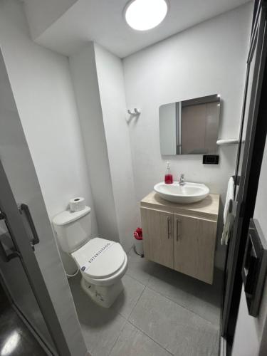 a bathroom with a toilet and a sink at Apartamento para grupos grandes dentro de centro comercial con frisby in Cartago