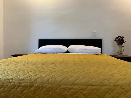 a large yellow bed with two pillows on it at Apartamento Tulül in San Martín Zapotitlán