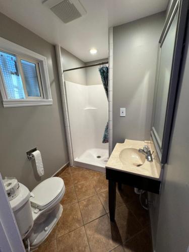 a bathroom with a toilet and a sink and a shower at Travel Inn in Greenfield