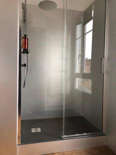 une douche avec une porte vitrée dans une salle de bain dans l'établissement Rue d'Isly, à Rennes