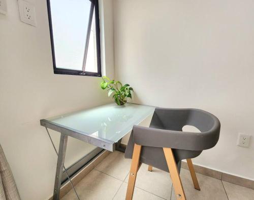 a desk with a chair and a potted plant on it at Linda Habitación en el Centro in Querétaro