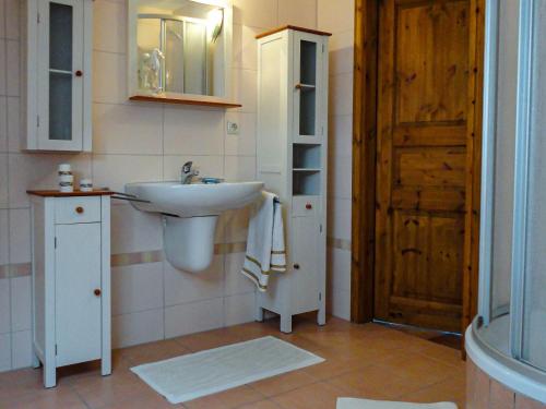 un bagno con lavandino, specchio e porta di Ferienwohnung Mediterran a Malchow