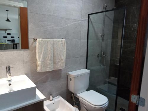uma casa de banho com um chuveiro, um WC e um lavatório. em NEco apartamentos Naturistas Nudistas Parejas o mujeres solas em Punta del Este