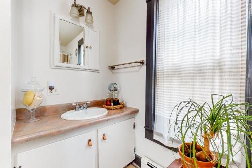 baño con lavabo, espejo y planta en Maple's Suite, en Quechee