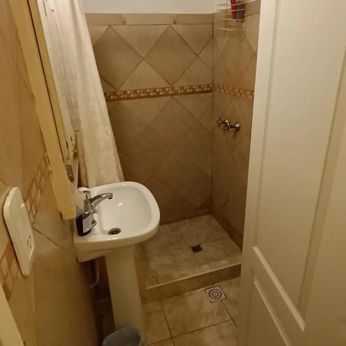 La petite salle de bains est pourvue d'un lavabo et d'une douche. dans l'établissement Departamento en La Costa-Santa Teresita, à Santa Teresita