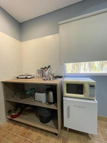 a kitchen with a microwave and a small refrigerator at La Colmena Aparts in El Calafate