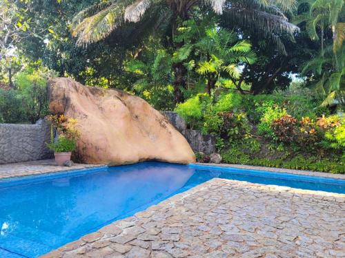 a swimming pool with a large rock next to it at Villa de el bosque in Puntarenas
