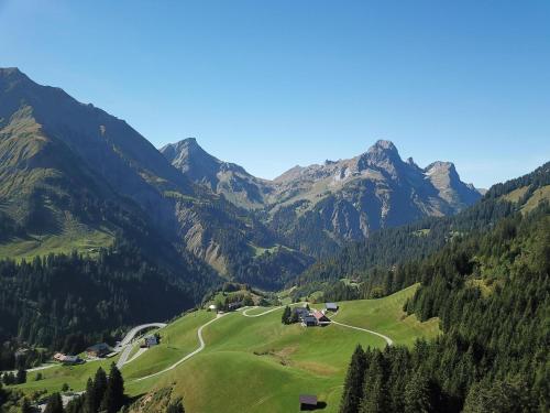 a green hill with mountains in the background at Apartment in Schröcken near Ski Arlberg in Schröcken