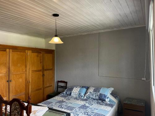 1 dormitorio con cama y techo en Cabaña en Esquel para 3 personas en Esquel
