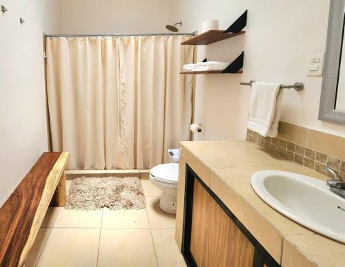 a bathroom with a sink and a toilet and a shower at Cómoda Habitación con Baño en Pasillo in Querétaro