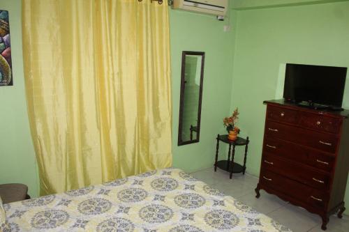 a bedroom with a bed and a dresser and a television at Elegant & Stylish 2BR New Kingston in Kingston