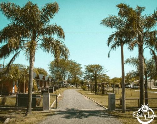 uma estrada com palmeiras ao lado de uma rua em Complejo Sol y Luna em Gualeguaychú
