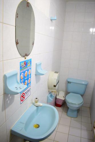 a bathroom with a blue sink and a toilet at Hotel Las Vegas by CMS hotels in Santa Marta
