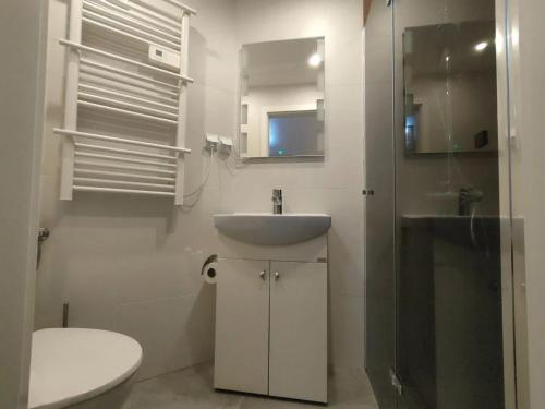 ein weißes Bad mit einem Waschbecken und einem WC in der Unterkunft Apartament Moniuszki Starówka Bytom 40m2 in Bytom