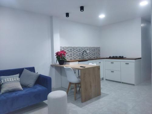 a living room with a blue couch and a kitchen at ROZA apartaments & suits in Loja