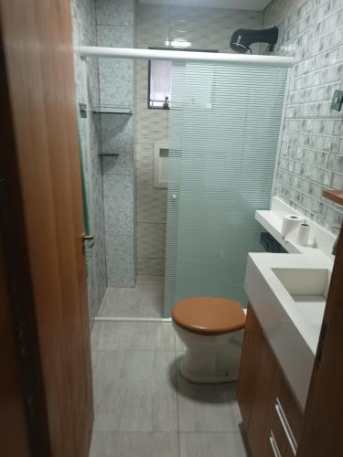 een badkamer met een douche, een toilet en een wastafel bij Apartamento completo praia do sonho in Palhoça