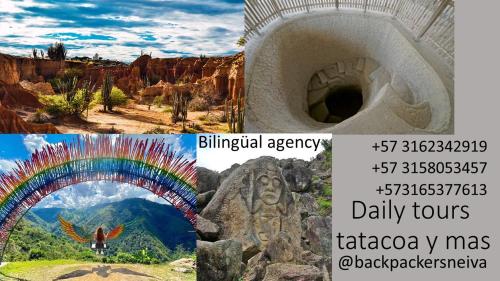 a collage of photos with a rainbow over a mountain at Backpackers And Travellers Hostel in Neiva