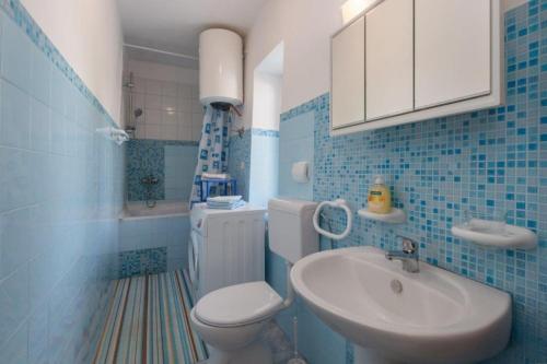 ein blau gefliestes Bad mit WC und Waschbecken in der Unterkunft Apartment Lili-with paddling pool in Umag