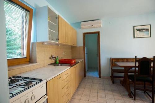 eine Küche mit einem Herd, einer Spüle und einem Tisch in der Unterkunft Apartments Luka - free parking in Novi Vinodolski