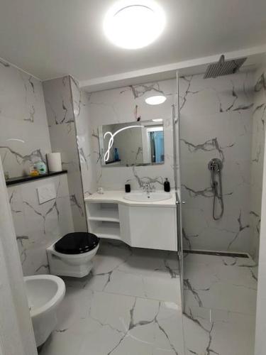 een witte badkamer met een wastafel en een toilet bij Apartament Bzg 1 in Rădăuţi