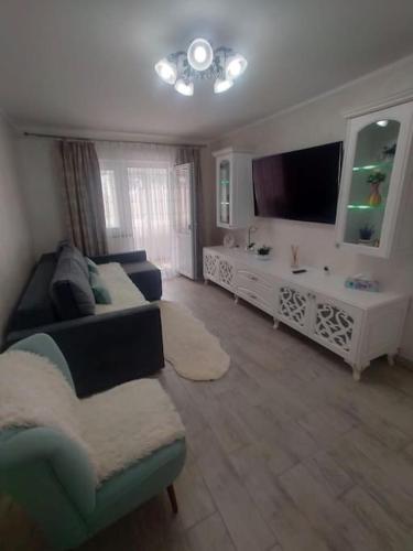 sala de estar con sofá y TV de pantalla plana en Apartament Bzg 1 en Rădăuţi