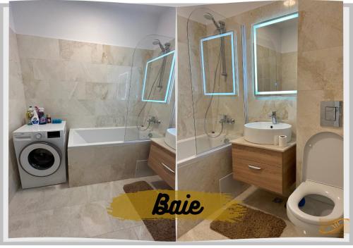 uma casa de banho com um lavatório e uma máquina de lavar roupa em Royal Luxury Ap 2 Rooms - AB Homes em Iaşi