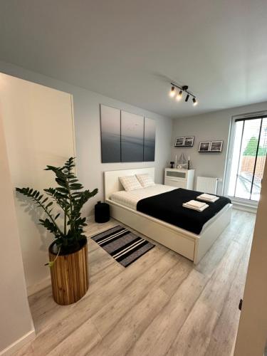um quarto com uma cama e um vaso de plantas em Villa Neptun Gdańsk 5 1 9 1 0 2 1 3 0 em Gdańsk