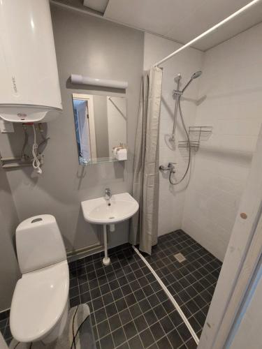 a bathroom with a white toilet and a sink at Elva Arbimäe apartment in Elva