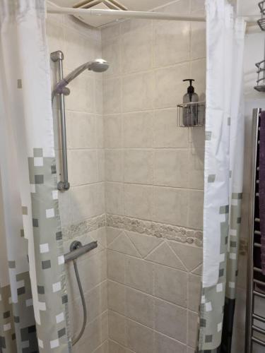 a bathroom with a shower with a glass door at Bed and Breakfast Birkerod in Birkerød