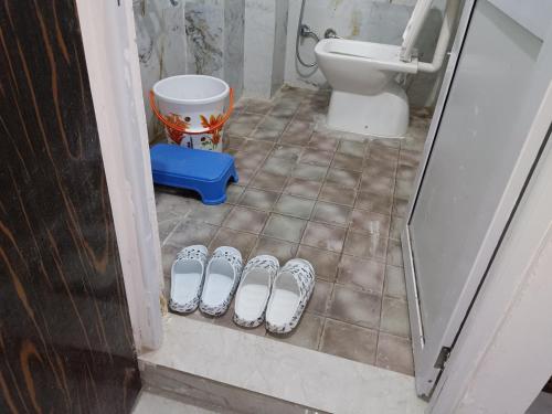 ein Bad mit einem WC und einem Paar Hausschuhen in der Unterkunft Hotel Balaji Residency in Udaipur