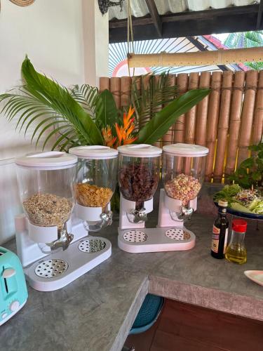 a group of four containers filled with food on a counter at Noble House Beach Resort in Ko Lanta