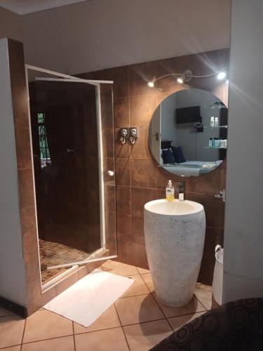 a bathroom with a shower and a sink and a mirror at Africa Dawn Guesthouse in Musina