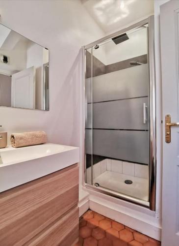 une salle de bain avec une douche en verre et un lavabo dans l'établissement Trés bel appartement centre ville historique, à Aix-en-Provence
