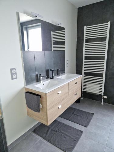 une salle de bain avec un lavabo et un miroir dans l'établissement Appartement, proche Europa-Park Colmar Strasbourg, à Sundhouse