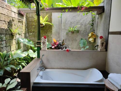 a bath tub in a bathroom with plants in a window at Cozy Jungle View 1-Bedroom Villa with Private Pool in Ubud