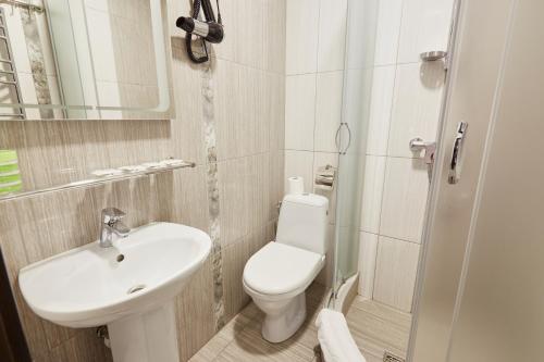 a bathroom with a white toilet and a sink at Zaporizʹka Sich in Bukovel