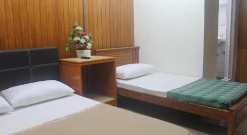 a room with two beds and a plant on a table at Meera Heritage Motel in George Town