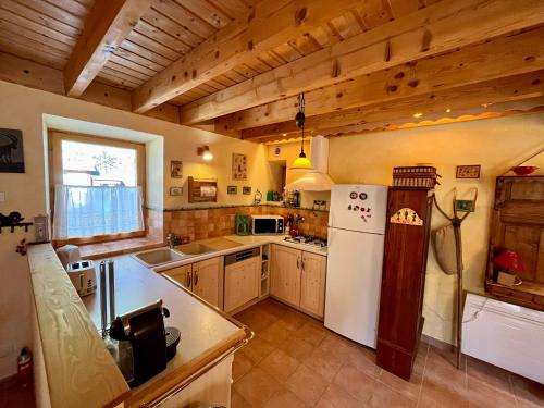 een keuken met een witte koelkast en houten plafonds bij La Grange St. Cyprien, Venosc - Les Deux Alpes in Vénosc