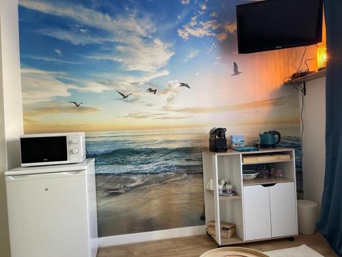 Zimmer mit einem Wandbild des Ozeans und der Vögel in der Unterkunft Chambre Privée chez L' Habitant in Trignac