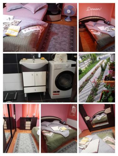een collage van foto's van een kamer met een bed en een wasmachine bij Casa Aura.!! in Ocna-Mureşului