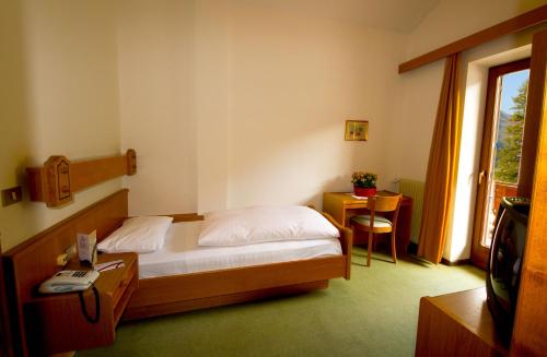 a hotel room with a bed and a television at Hotel Genziana in Arabba