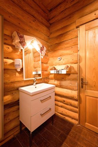 a bathroom with a sink in a log cabin at Suior Resort Cota 1000 in Baia-Sprie