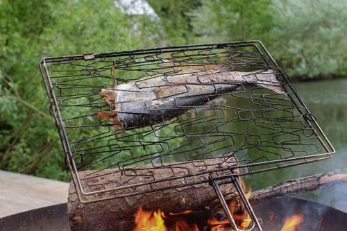 Ein Huhn kocht auf einem Grill über einem Feuer in der Unterkunft Glamping Jedlova - Romantic and family getaway in Horní Podluží