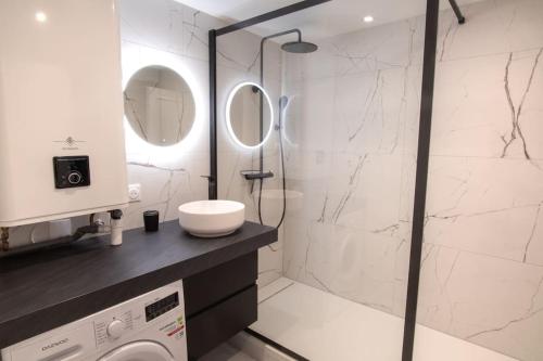 bagno con doccia, lavandino e lavatrice di Le Gutenberg - Joli T2 dans le Carré d'Or a Strasburgo