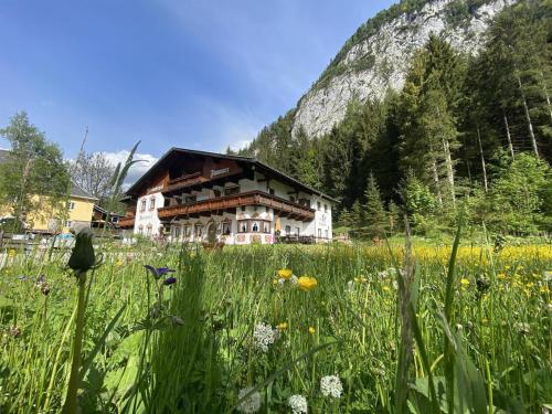 a house in the middle of a field of flowers at Garni Bärenwirt in Leutasch