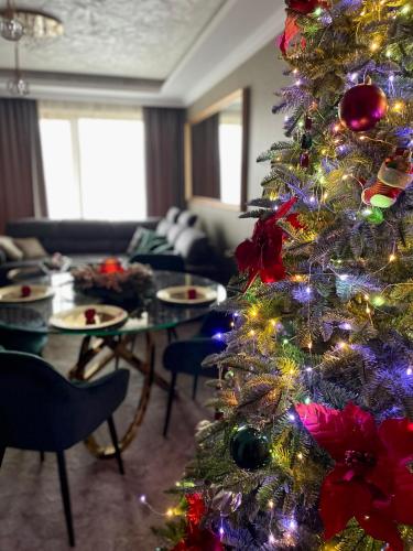 a christmas tree with lights in a living room at Apartmány GRENT Donovaly in Donovaly